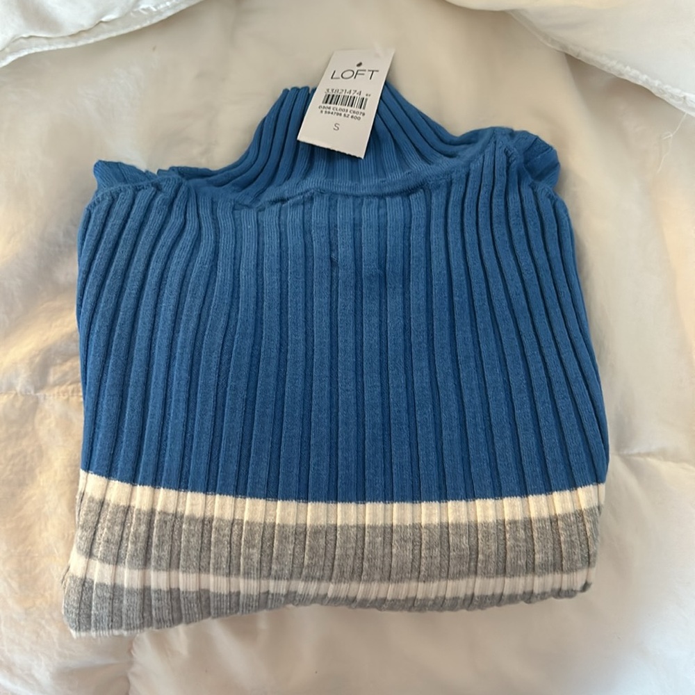 LOFT Colorblock Striped Mock Neck Long Sleeve Fitted Sweater Size l Ribbed NWT - Picture 5 of 6